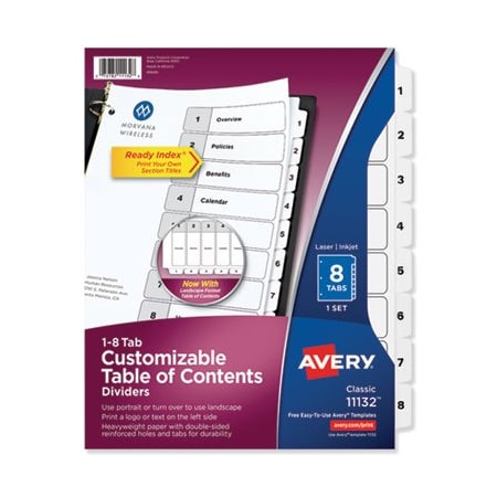 Avery Dennison Avery, CUSTOMIZABLE TOC READY INDEX BLACK AND WHITE DIVIDERS, 8-TAB, LETTER 11132